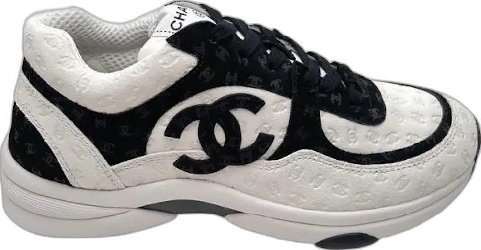 Chanel CC Embossed Logo White Black Suede