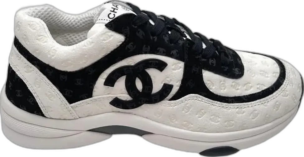 Chanel CC Embossed Logo White Black Suede