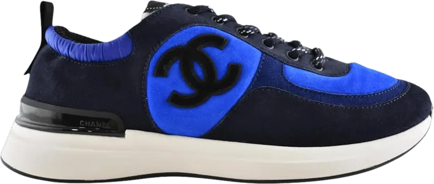  Chanel Lace Up Tie Flat Runner Trainers &#039;CC Logo - Blue Suede&#039;