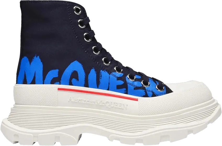  Alexander Mcqueen Alexander McQueen Wmns Tread Slick Boot &#039;McQueen Graffiti Logo - Black Blue&#039;