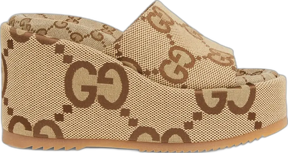  Gucci Platform High Heel Slide Sandal Camel Ebony GG Maxi Canvas