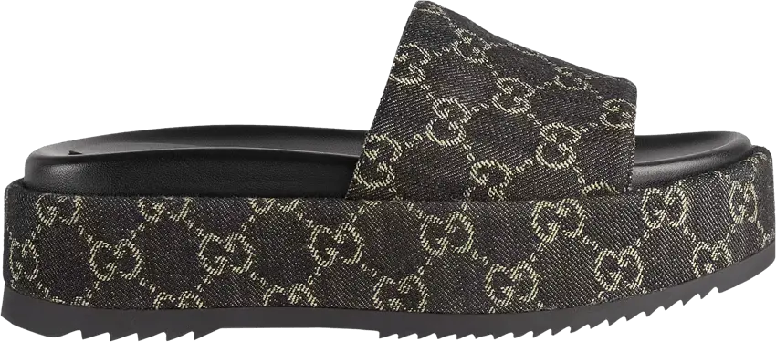  Gucci Platform Slide Sandal Black Ivory Eco Washed Organic GG Jacquard Denim
