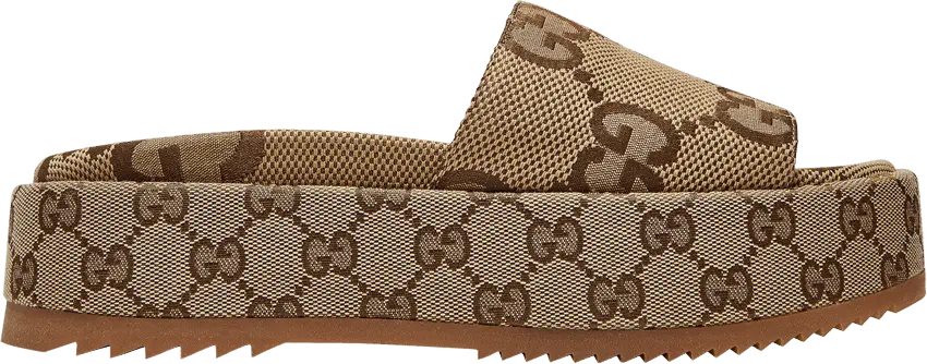  Gucci Platform Slide Sandal Maxi GG Camel Ebony GG Trim Canvas