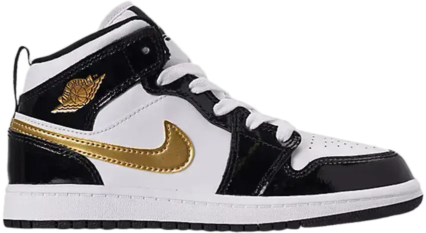  Jordan 1 Mid Patent Black White Gold (PS)