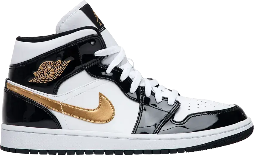  Jordan 1 Mid Patent Black White Gold