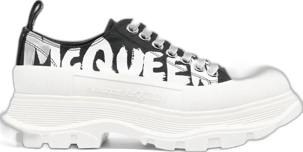  Alexander Mcqueen Alexander McQueen Tread Slick Low Lace Up Canvas Graffiti Black White White (Women&#039;s)