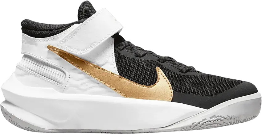  Nike Team Hustle D10 FlyEase GS &#039;Black White Metallic Gold&#039;