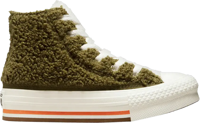  Converse Chuck Taylor All Star Sherpa EVA Platform High GS &#039;Dark Moss Bold Mandarin&#039;